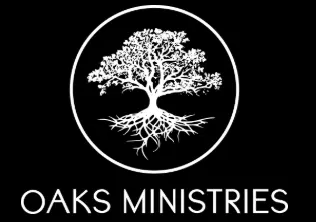 Oaks Ministries logo featuring a white tree within a black circle, representing a nonprofit ministry organization.