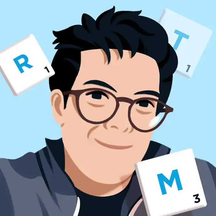 Illustrated portrait of a man with glasses holding marketing icons, symbolizing brand strategy and consulting.