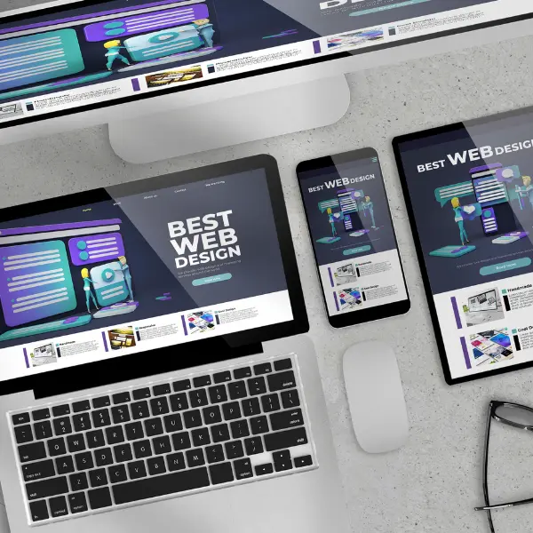Laptop, tablet, and smartphone on a desk showing a responsive website design for a Rock Hill, SC business.