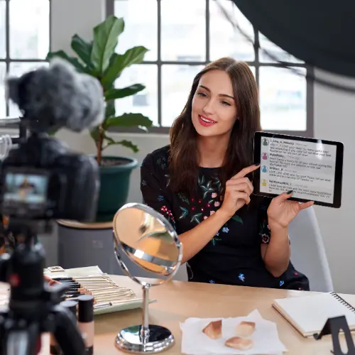 Woman recording a product presentation for a video marketing or influencer campaign in Fort Mill, SC.